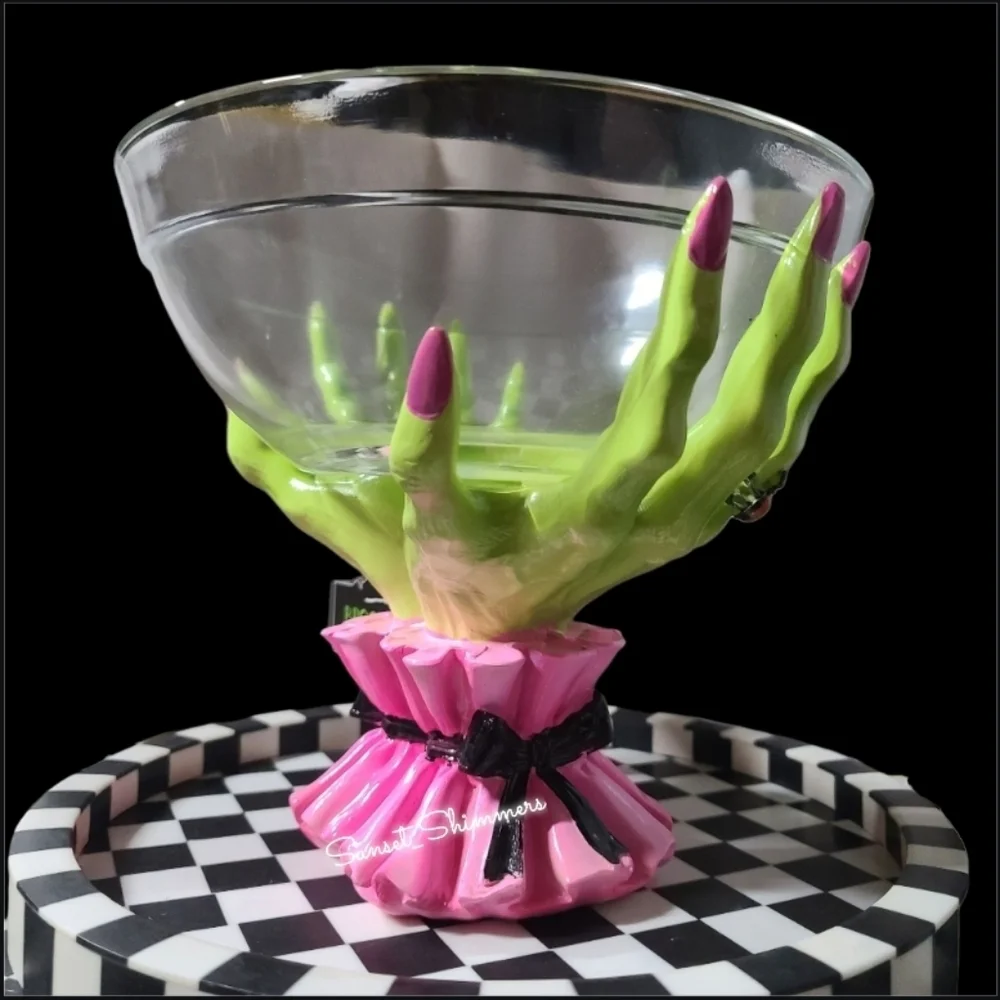 Glam Witch Hands Coquette Bow Halloween Candy Serving Bowl PINK GREEN NEW